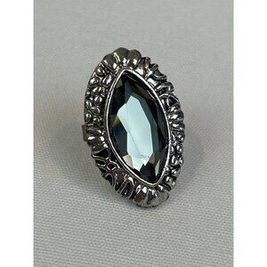 Vintage Silver Tone Ring Marquise Cut Black Stone Adjustable